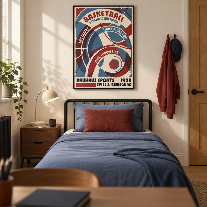 Bauhaus Basketball Art Print, framed on the wall of a modern single bedroom for a basketball-loving older teen (16-17) in a UK family home