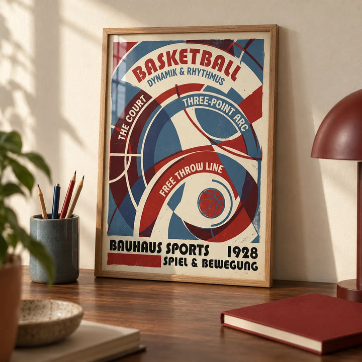 Bauhaus Basketball Art Print, a small A4 framed print leaning on a walnut desk