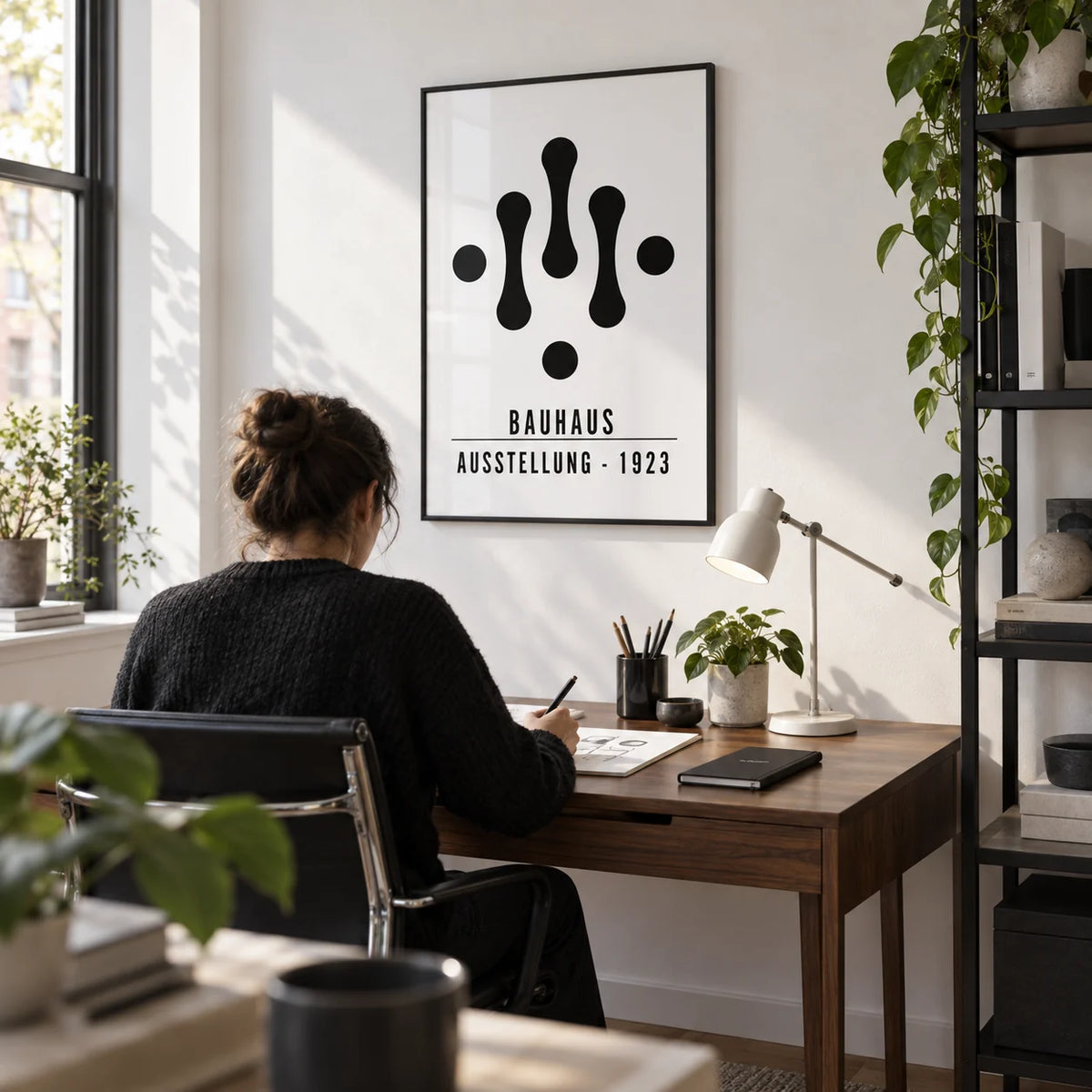 Bauhaus Art Black and White, framed on the wall of a graphic designer's compact home study with a white wall and a black metal shelving unit