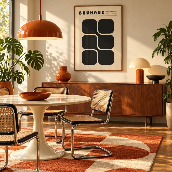 Bauhaus Art Black and White, framed on the wall of a mid-century dining room with a round walnut table