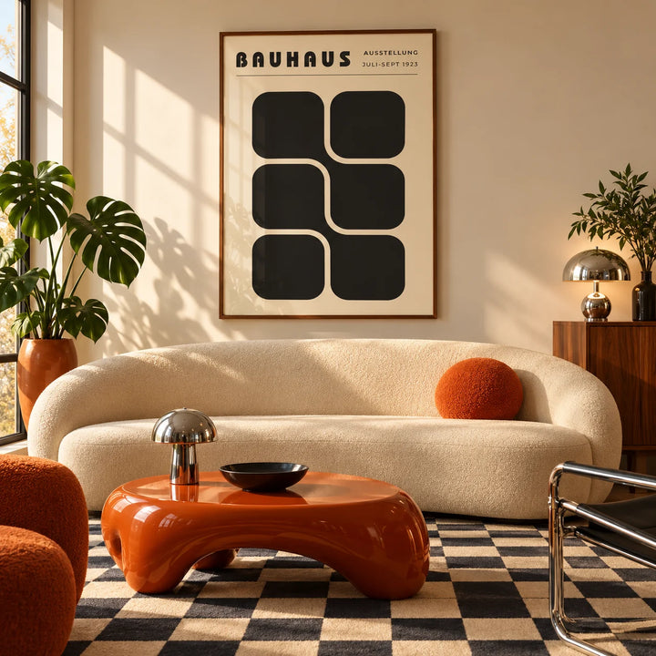 Bauhaus Art Black and White, framed on the wall of a mid-century living room with a curved cream sofa