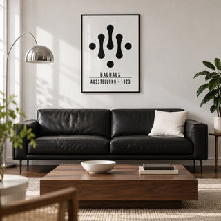 Bauhaus Art Black and White, framed on the wall of a modern living room in a UK city flat with a white wall