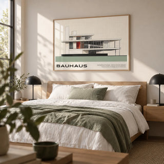 Bauhaus Blueprint, framed on the wall of a calm modern bedroom