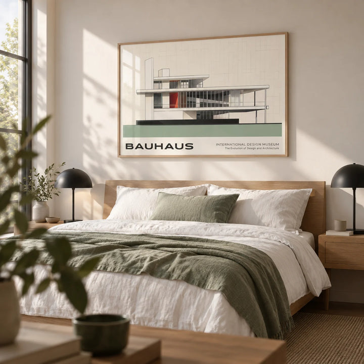 Bauhaus Blueprint, framed on the wall of a calm modern bedroom