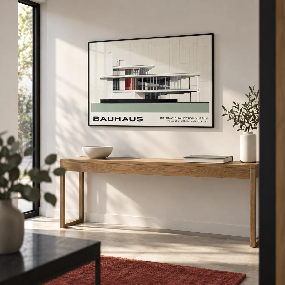 Bauhaus Blueprint, framed on the wall of a crisp modern hallway