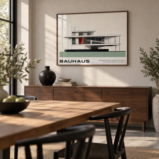 Bauhaus Blueprint, framed on the wall of a modern dining room