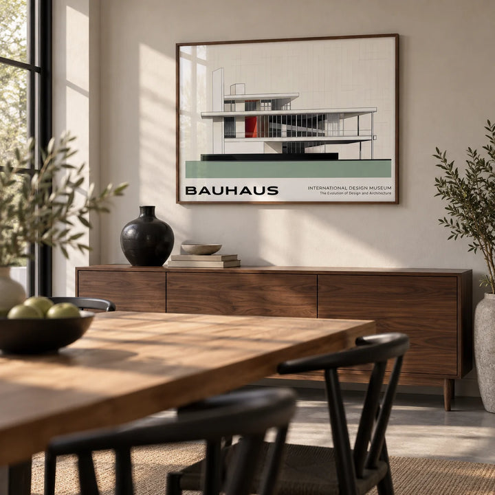 Bauhaus Blueprint, framed on the wall of a modern dining room