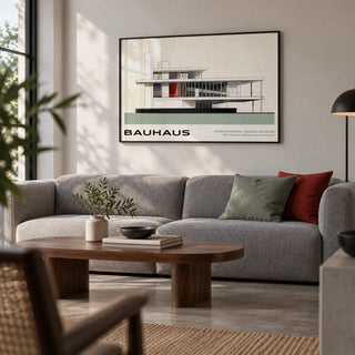 Bauhaus Blueprint, framed on the wall of a modern living room