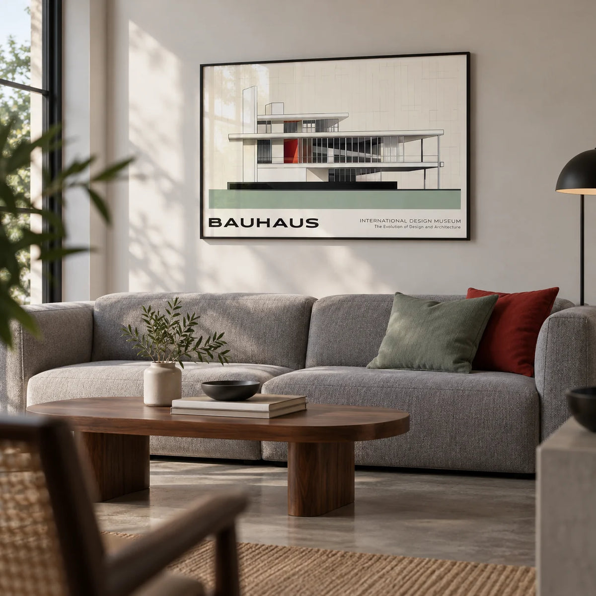Bauhaus Blueprint, framed on the wall of a modern living room