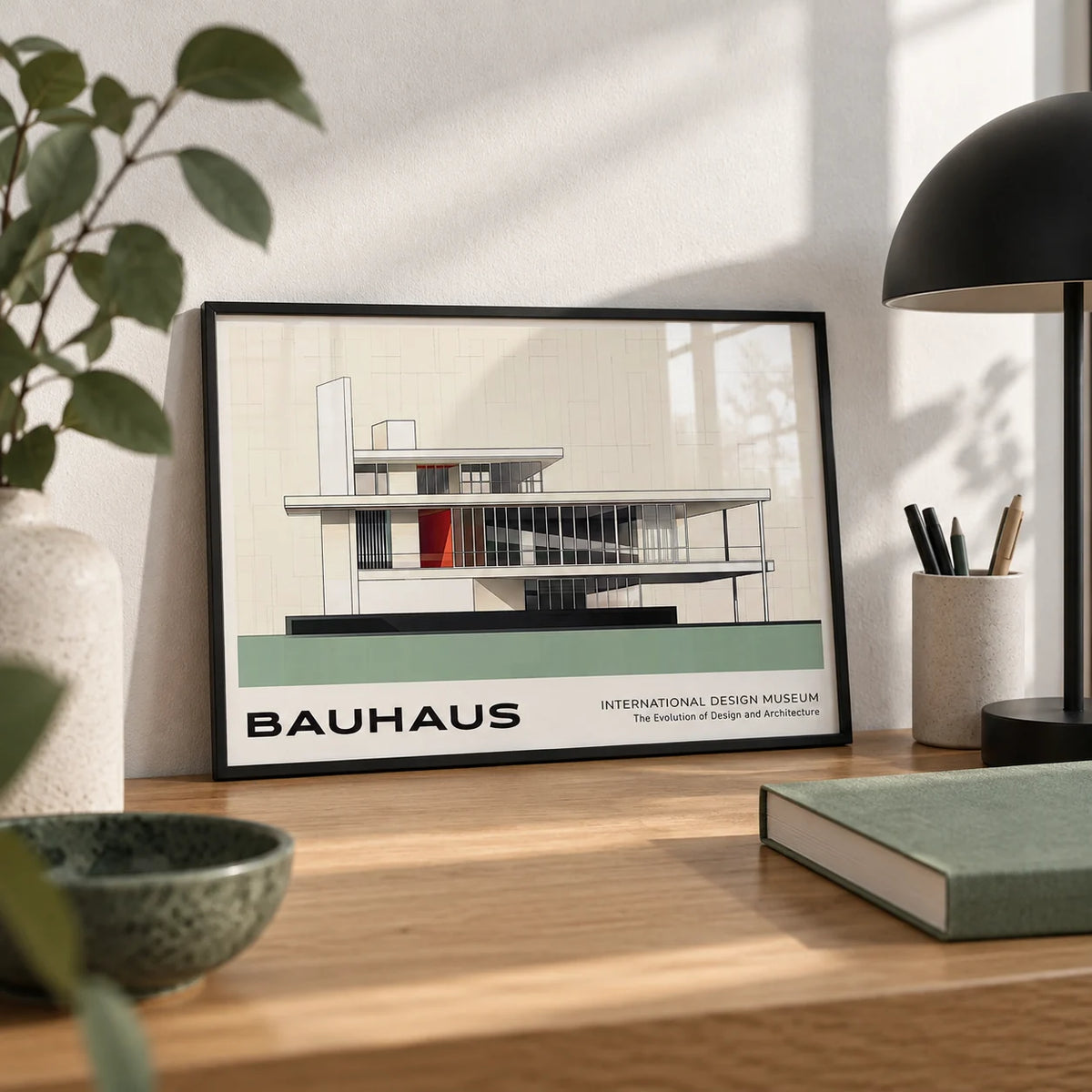 Bauhaus Blueprint, a small A4 framed print leaning on an oak desk