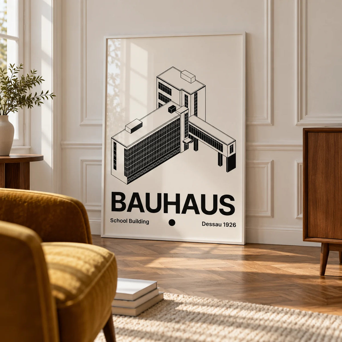 Bauhaus Building Poster, framed on the wall of a bright room with white panelled walls and a herringbone floor in a living room