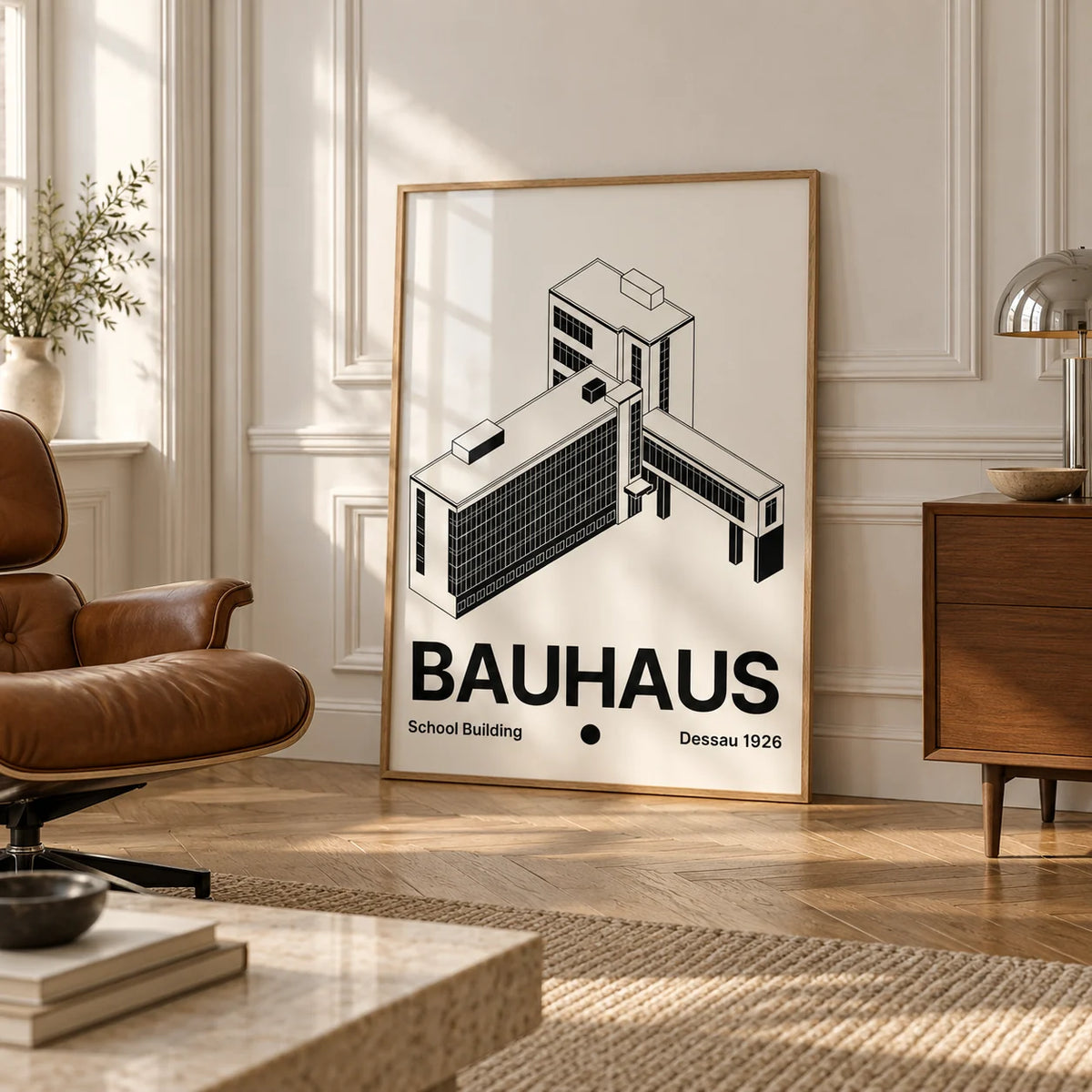 Bauhaus Building Poster, framed on the wall of an elegant room with white panelled walls with classic mouldings and a herringbone oak floor in soft side light