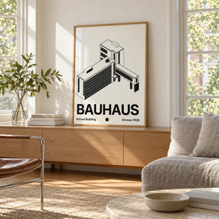 Bauhaus Building Poster, framed on the wall of a light living room with big windows