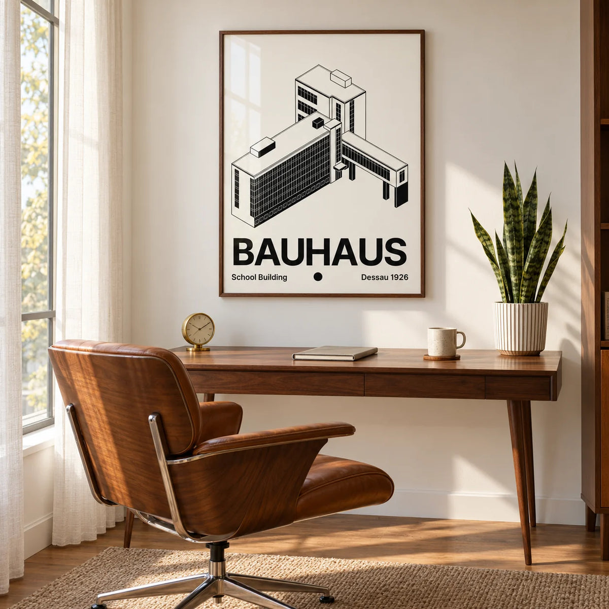 Bauhaus Building Poster, framed on the wall of a mid-century study by a tall window with a sheer curtain