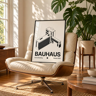 Bauhaus Building Poster, framed on the wall of a sunny living room corner with a tall window