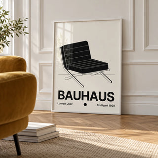 Bauhaus Chair Poster, framed on the wall of a bright room with white panelled walls and a herringbone floor in a living room