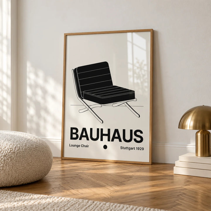 Bauhaus Chair Poster, framed on the wall of a calm white room with a white skirting board and herringbone oak parquet