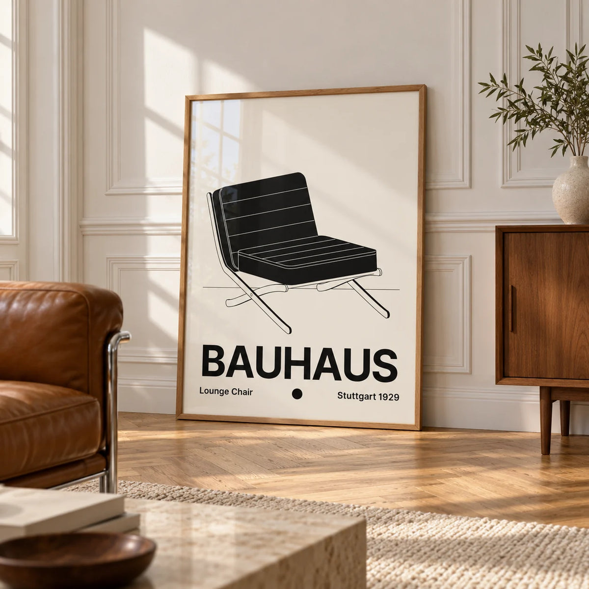 Bauhaus Chair Poster, framed on the wall of an elegant room with white panelled walls with classic mouldings and a herringbone oak floor in soft side light