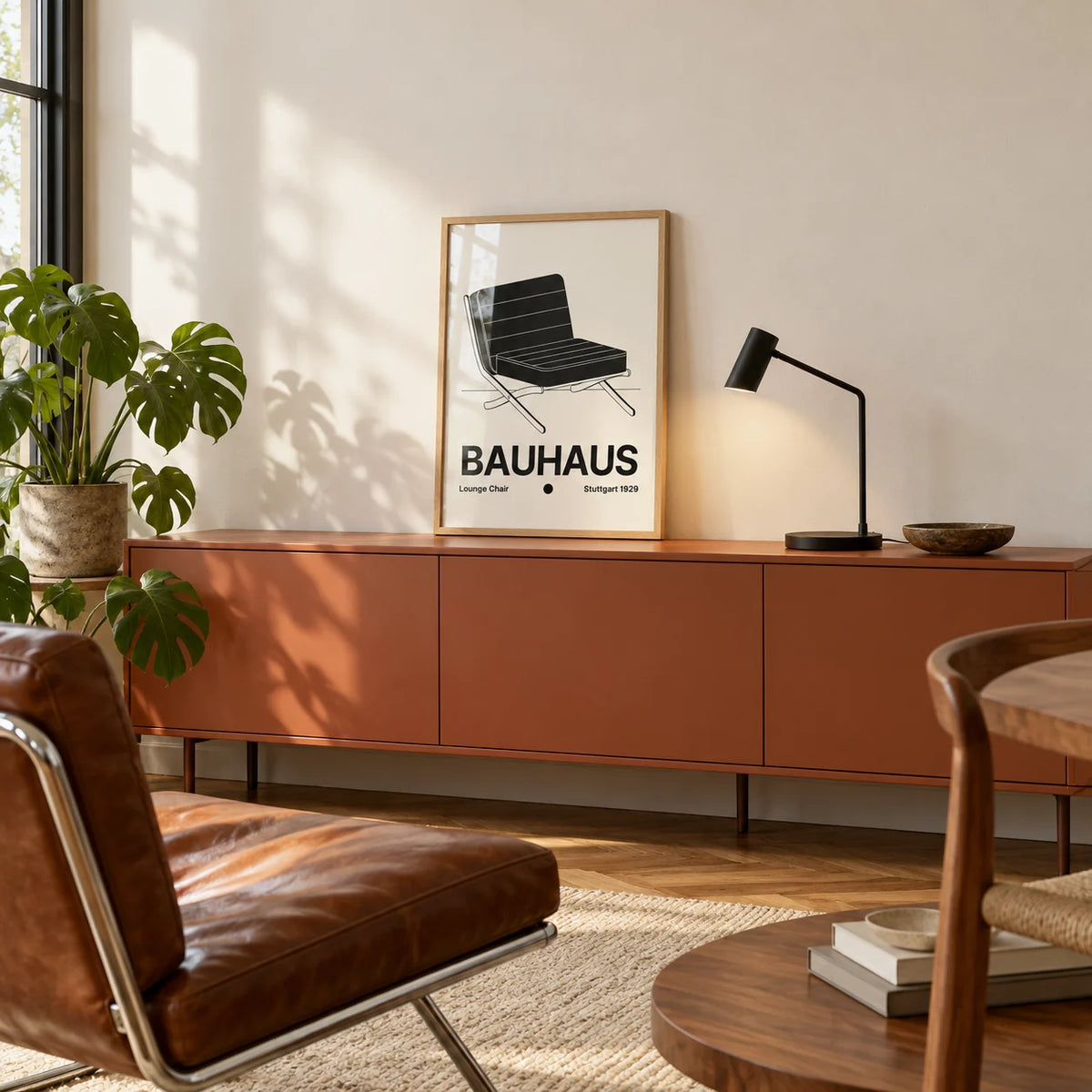 Bauhaus Chair Poster, a small A4 framed print leaning on a shelf