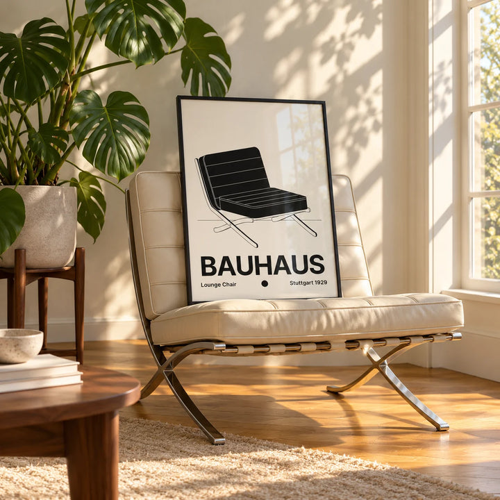 Bauhaus Chair Poster, framed on the wall of a sunny living room corner with a tall window