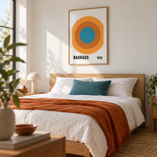 Bauhaus Circle Poster, framed on the wall of a crisp modern bedroom