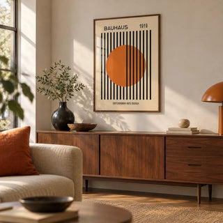 Bauhaus Decor, framed on the wall of a mid-century living room