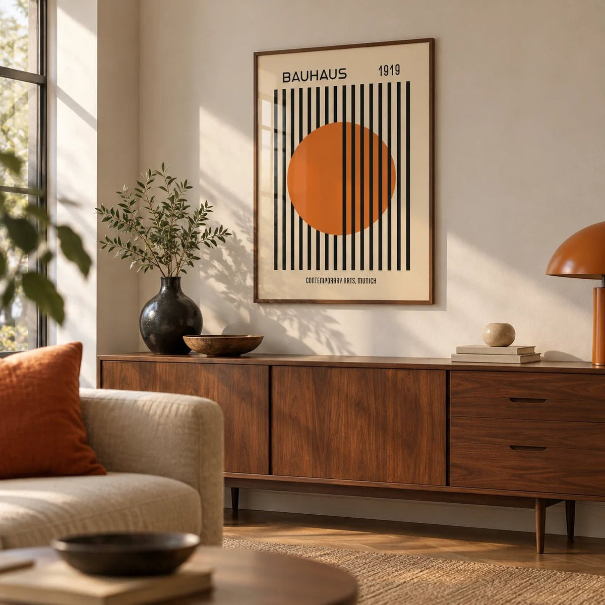 Bauhaus Decor, framed on the wall of a mid-century living room