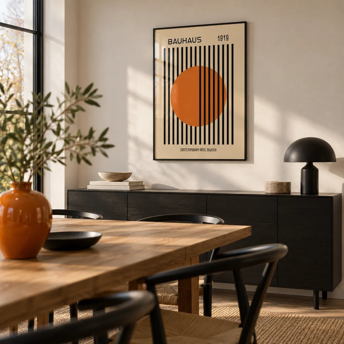 Bauhaus Decor, framed on the wall of a modern dining room