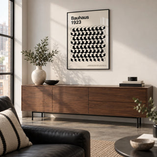 Bauhaus Design, framed on the wall of a modern city-flat living room with a polished concrete floor