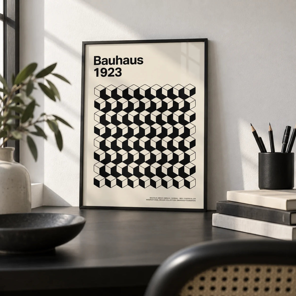 Bauhaus Design, a small A4 framed print leaning on a black desk