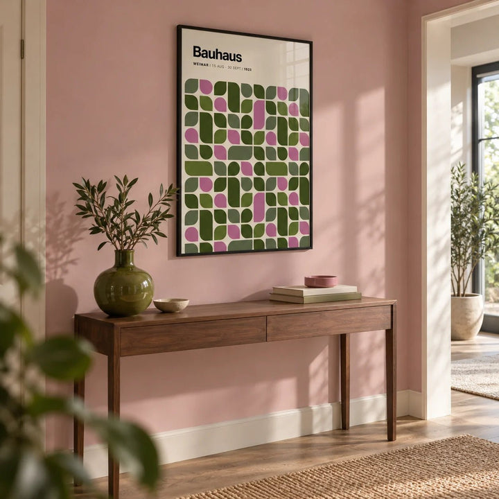 Bauhaus Exhibition 1923 Print, framed on the wall of a modern hallway with a soft pink painted wall