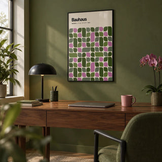 Bauhaus Exhibition 1923 Print, framed on the wall of a modern home office with an olive green painted wall