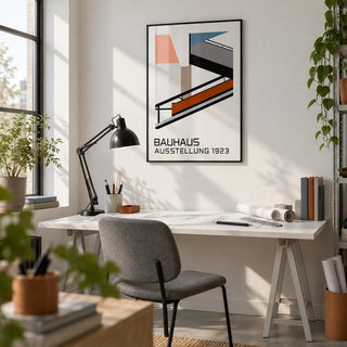 Bauhaus Exhibition Poster 1923, framed on the wall of a architect's home studio in a home office