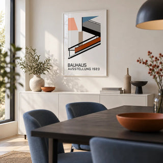 Bauhaus Exhibition Poster 1923, framed on the wall of a crisp modern dining room