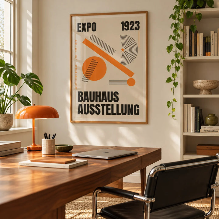Bauhaus Exhibition Poster 1923, framed on the wall of a mid-century home office