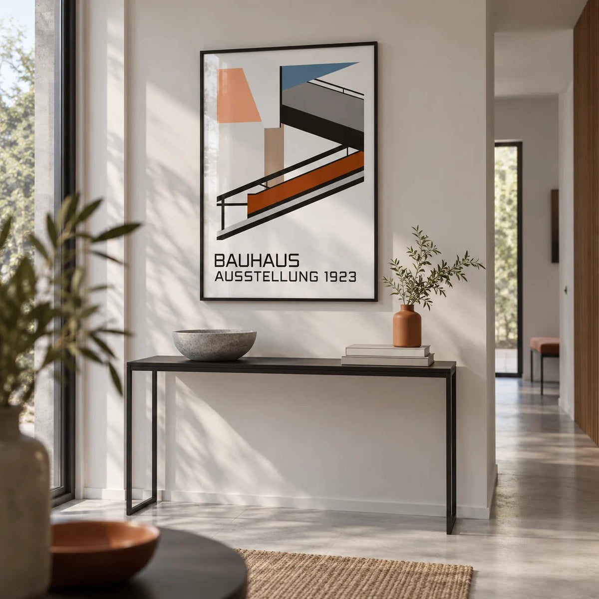 Bauhaus Exhibition Poster 1923, framed on the wall of a modern hallway