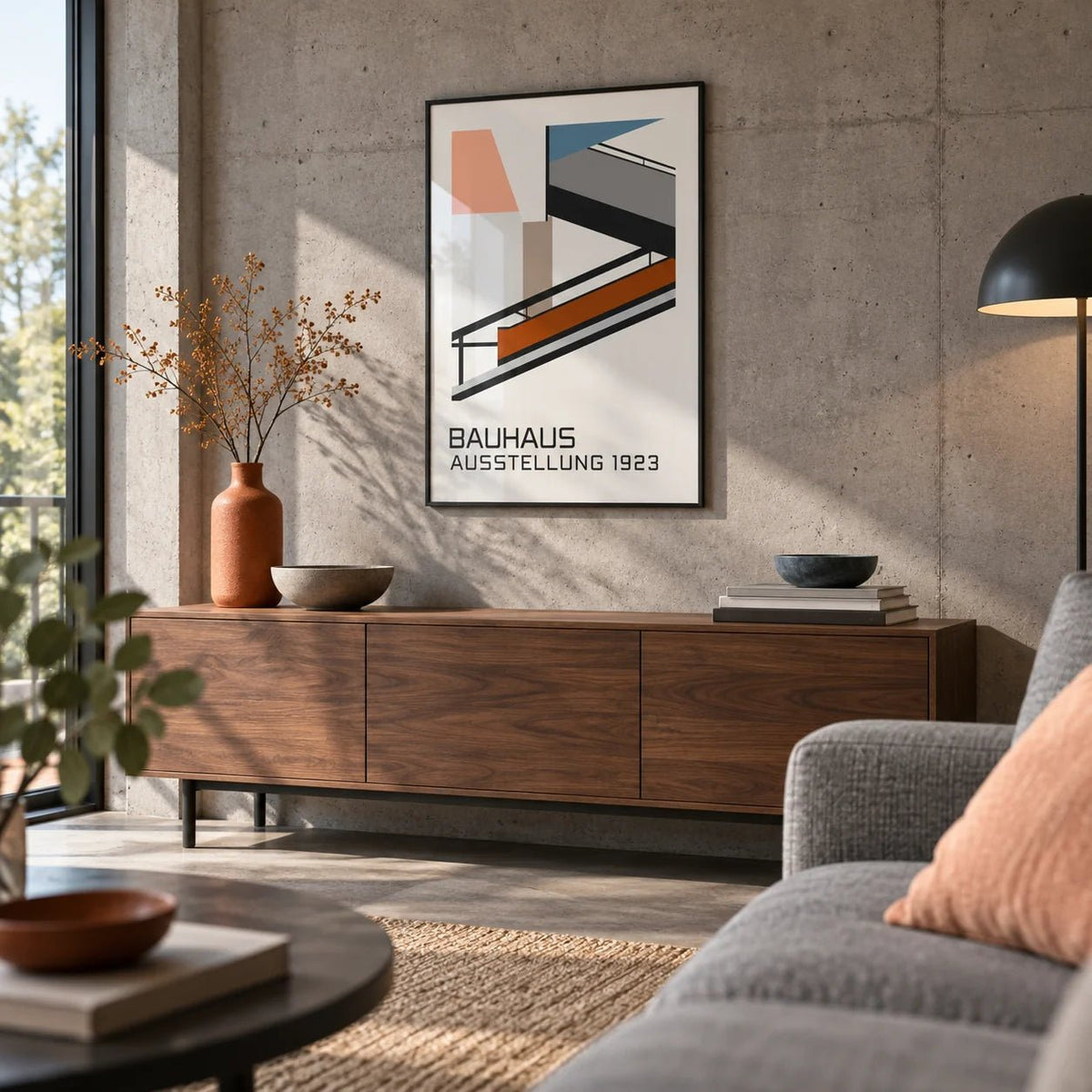 Bauhaus Exhibition Poster 1923, framed on the wall of a modern living room with concrete walls