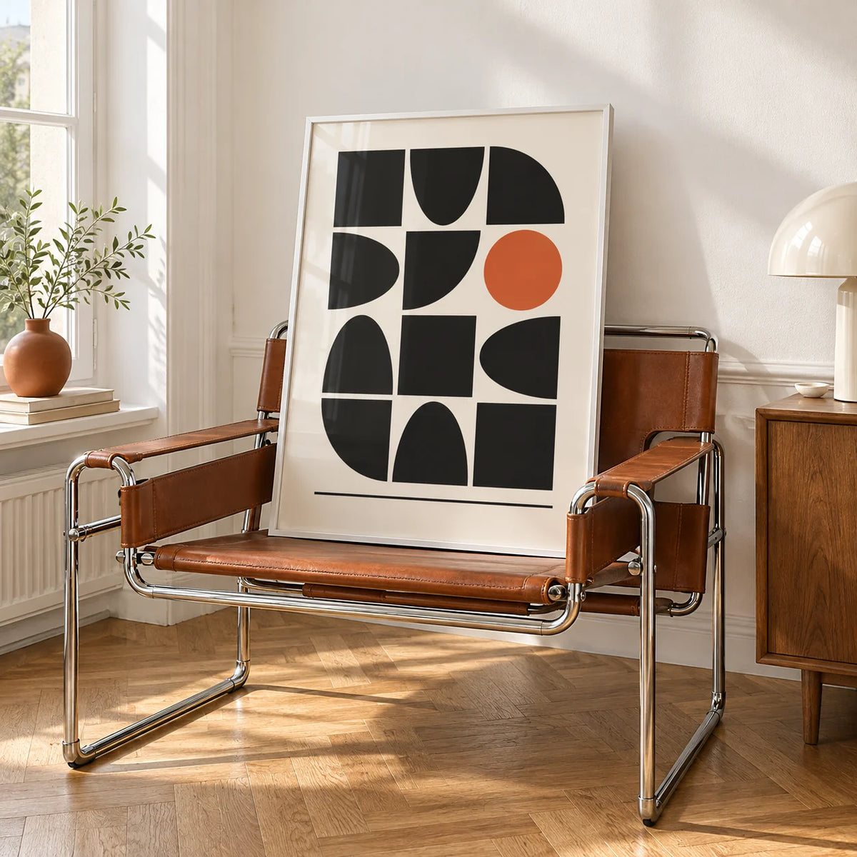 Bauhaus Geometric Shapes, framed on the wall of a bright white room with tall white walls and warm herringbone oak parquet in soft morning light in a living room