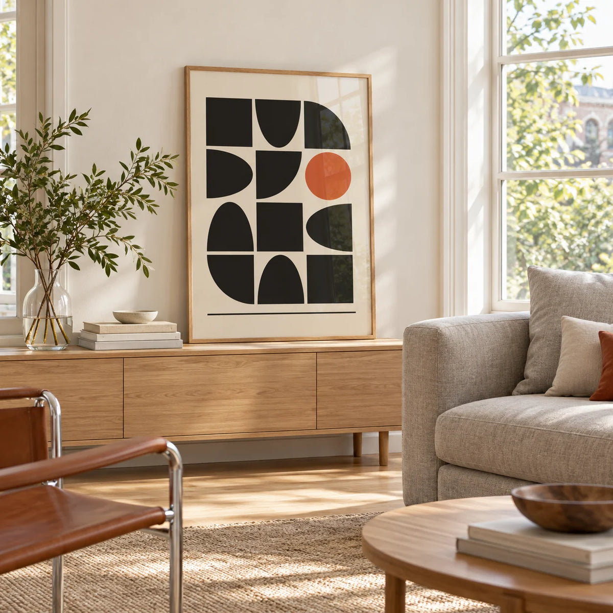 Bauhaus Geometric Shapes, framed on the wall of a light living room with big windows