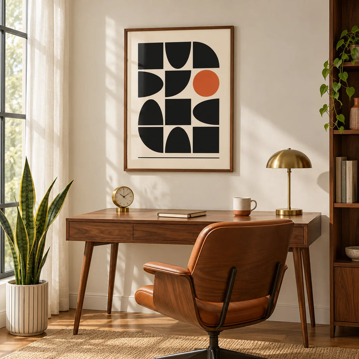 Bauhaus Geometric Shapes, framed on the wall of a mid-century study by a tall window with a sheer curtain