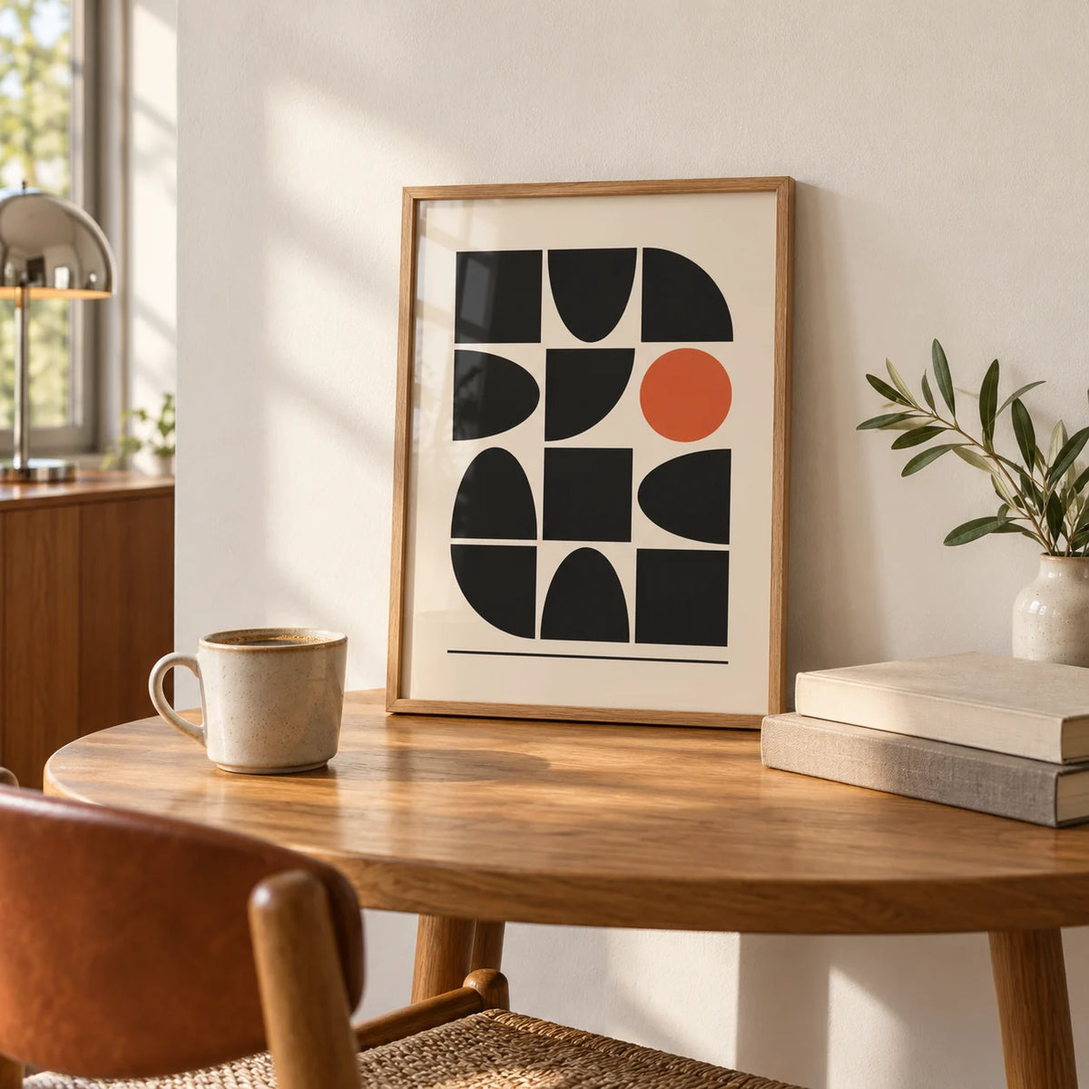 Bauhaus Geometric Shapes, a small A4 framed print leaning on a round oak table