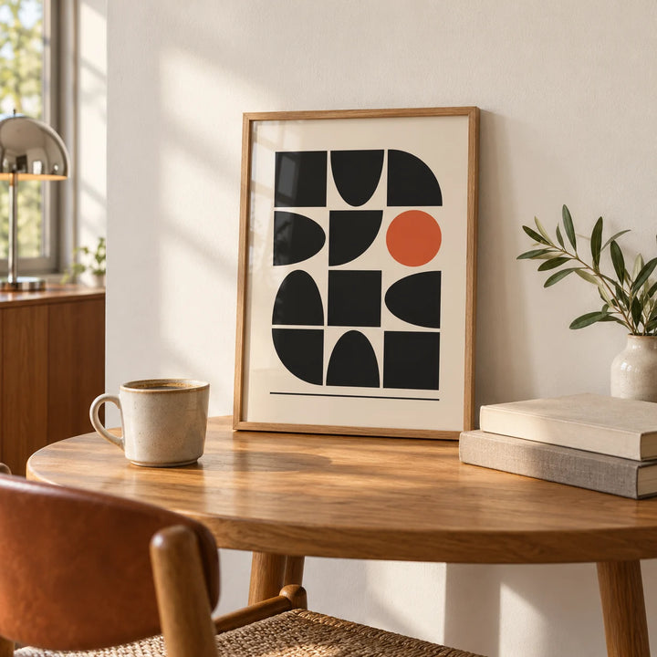 Bauhaus Geometric Shapes, a small A4 framed print leaning on a round oak table