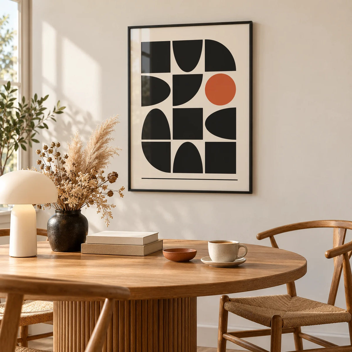 Bauhaus Geometric Shapes, framed on the wall of a warm in a dining room