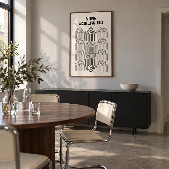 Bauhaus Minimalism Art, framed on the wall of a compact modern dining room in a UK flat with pale grey walls and a polished concrete floor