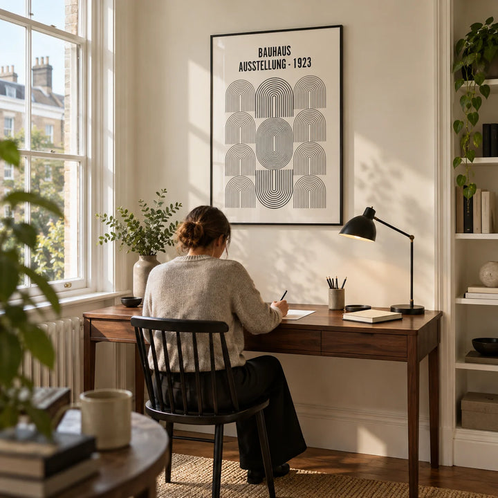 Bauhaus Minimalism Art, framed on the wall of a design-conscious home study in a Victorian terrace with a cream wall and a tall sash window