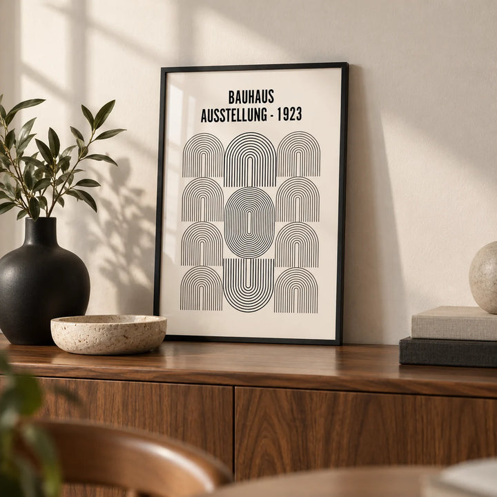 Bauhaus Minimalism Art, a small A4 framed print leaning on a walnut sideboard in a living room