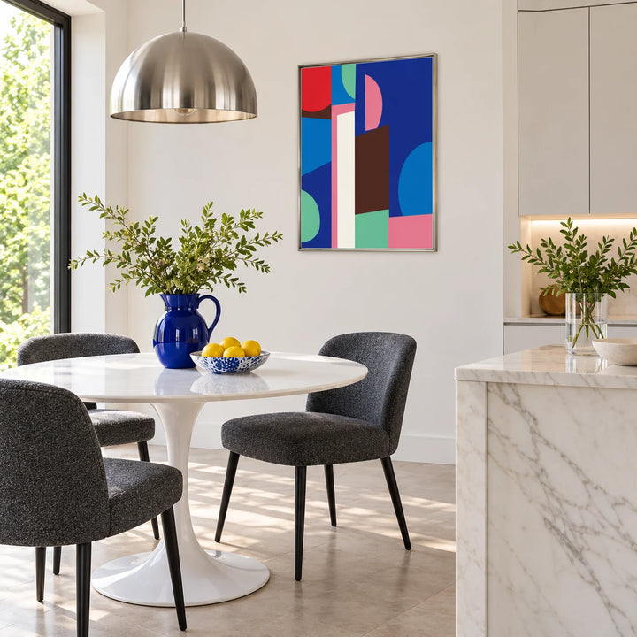 Bauhaus Painting, framed on the wall of a bright breakfast nook in a kitchen