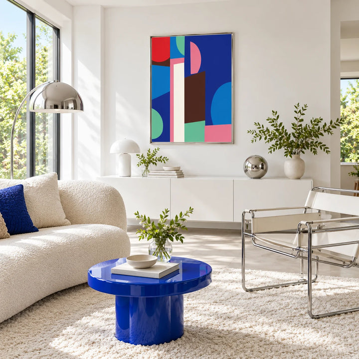 Bauhaus Painting, framed on the wall of a bright white living room with chrome furniture