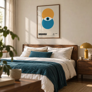 Bauhaus Painting, framed on the wall of a calm modern bedroom with a soft beige wall