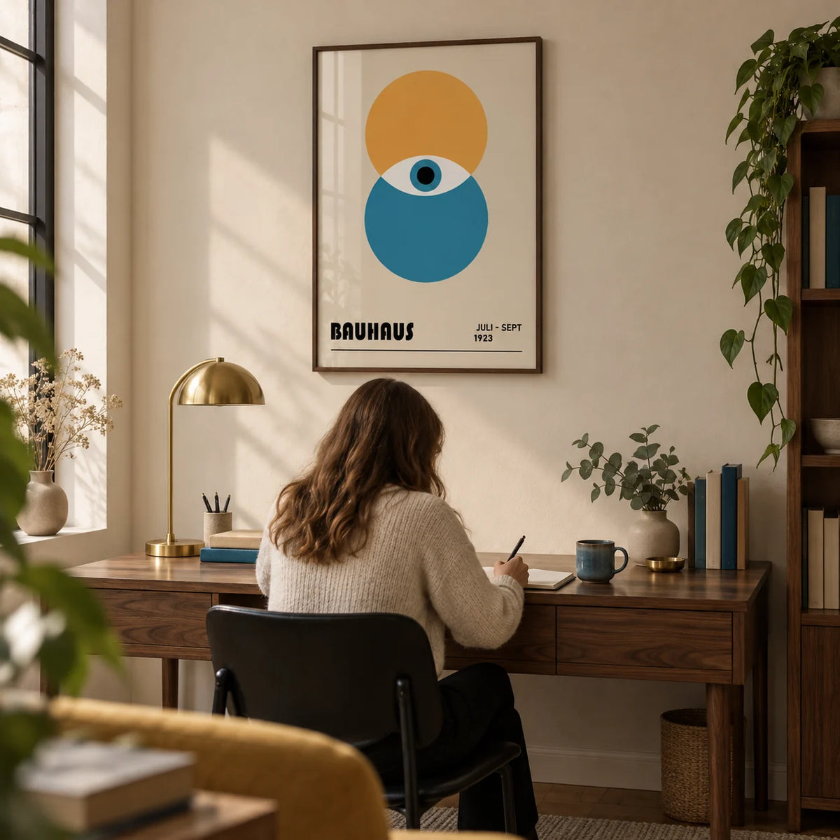 Bauhaus Painting, framed on the wall of a calm study with a beige wall